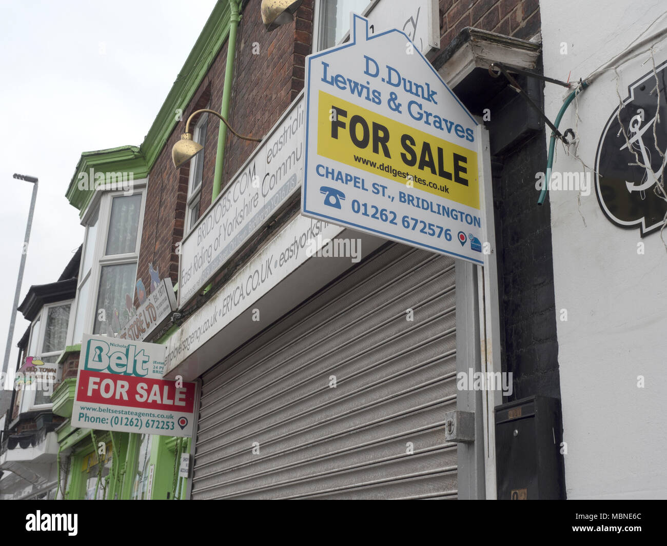 Retail property For Sale signs, Bridlington, England, United Kingdom