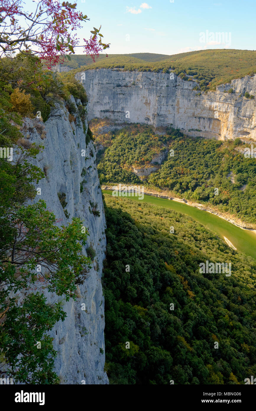 The spectacular limestone landscape of the Gorges de l'Ardeche in the Rhone-Alpes region of southern France Stock Photo