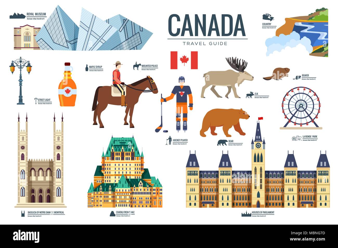 Country Canada travel vacation guide of goods, places and features. Set of  architecture, fashion, people, items, nature background concept.  Infographic template design for web and mobile on flat style Stock Vector  Image