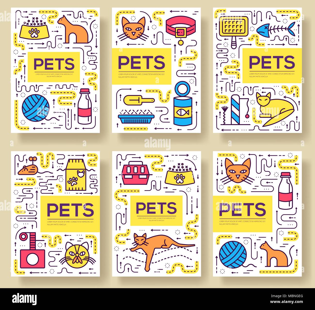 Animal vector brochure cards thin line set. Cute home pets template of flyear, magazines, posters, book cover, banners. Layout domestic wildlife  outline illustrations modern pages Stock Vector