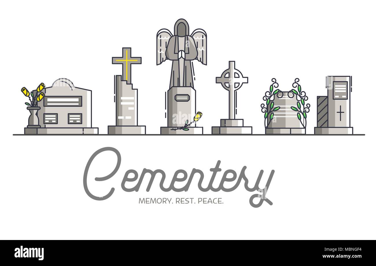 Cemetery with different graves. Layout modern vector background illustration design concept Stock Vector