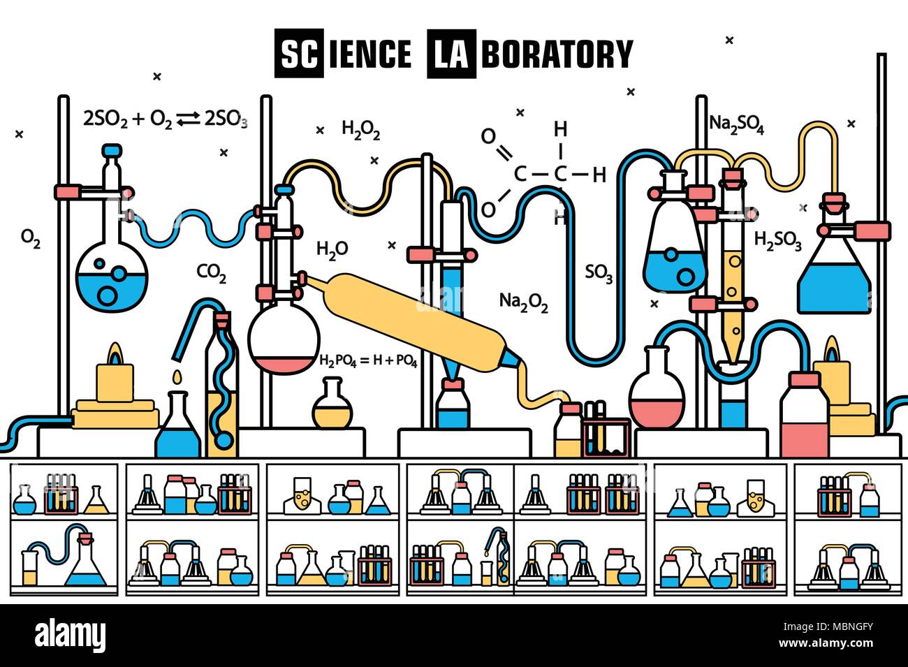 Retro set science experiment equipment in a chemistry laboratory ...