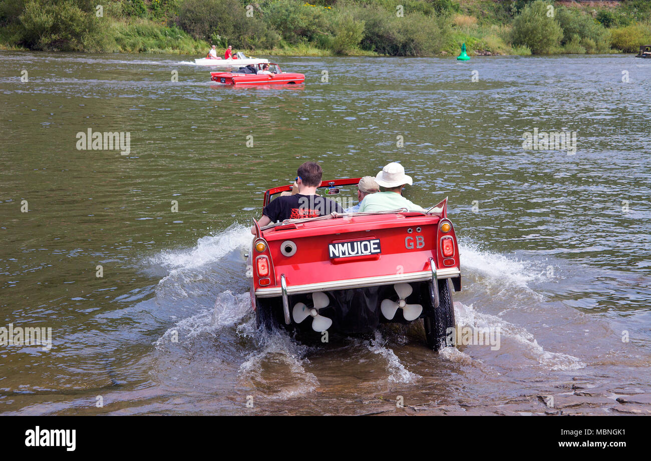 Amphic car, a german amphibious vehicle driving on Moselle river at Cochem, Rhineland-Palatinate, Germany Stock Photo