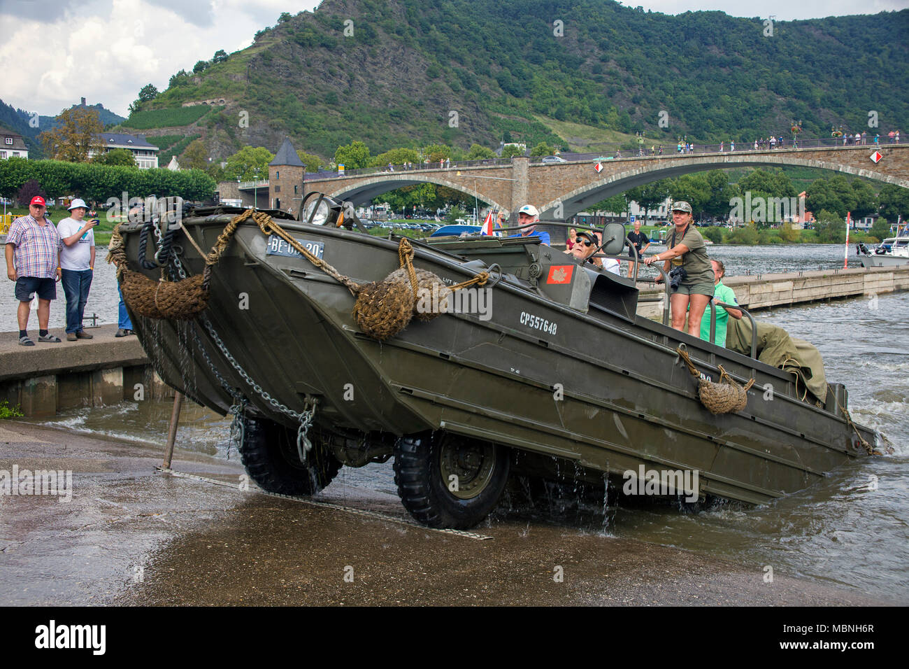 Military amphibious vehicle driving out of water at Moselle river, Cochem, Rhineland-Palatinate, Germany Stock Photo