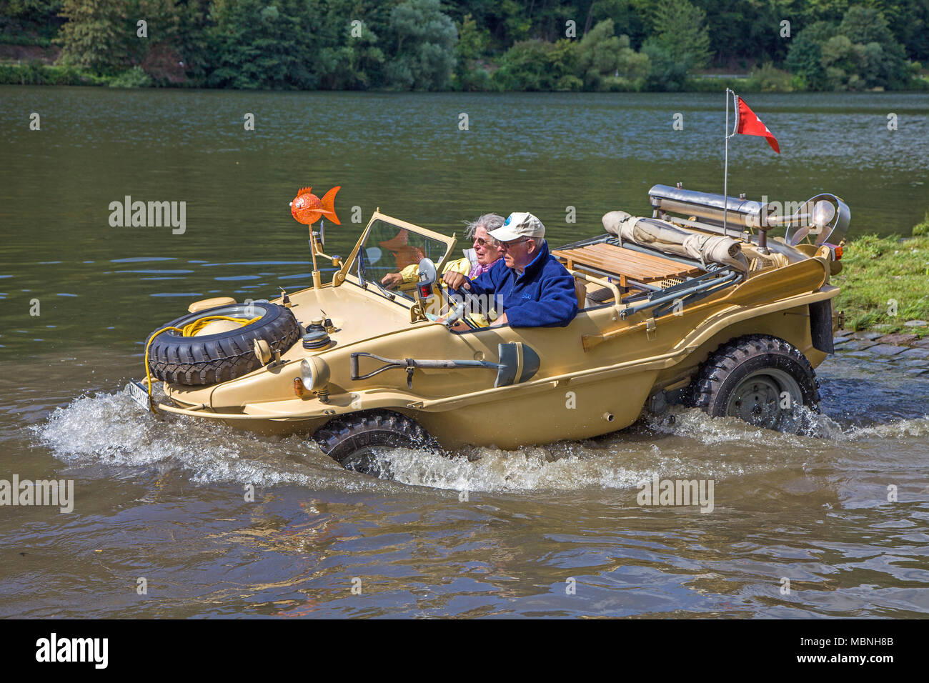 VW Typ 166, a german amphibious vehicle built at the 2nd world war driving on Moselle river, Minheim, Rhineland-Palatinate, Germany Stock Photo