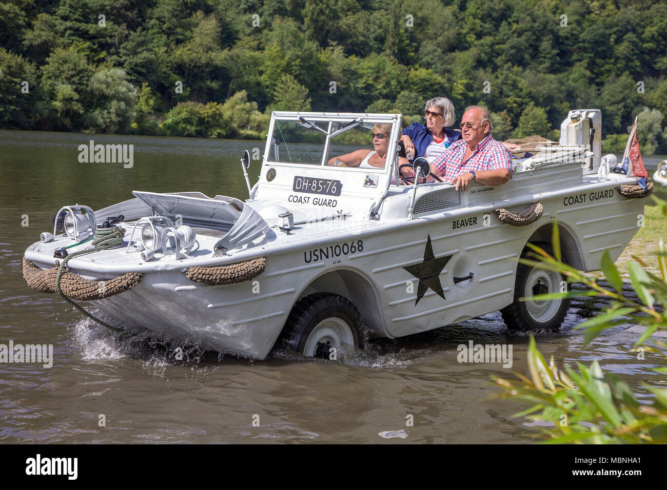Military amphibious vehicle driving on Moselle river at Minheim, Rhineland-Palatinate, Germany Stock Photo