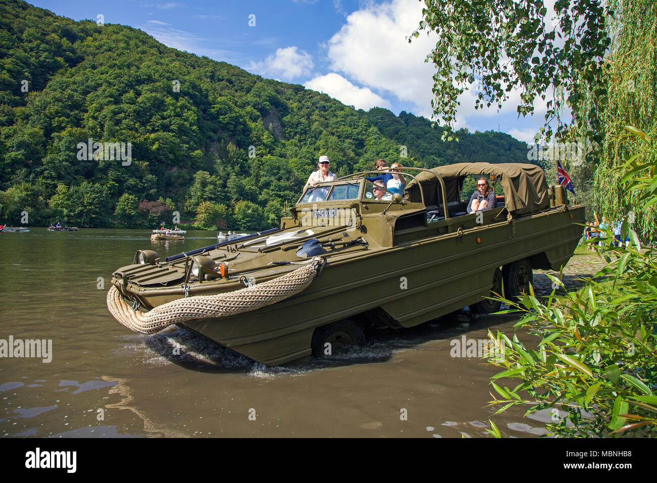 Military amphibious vehicle driving on Moselle river at Minheim, Rhineland-Palatinate, Germany Stock Photo
