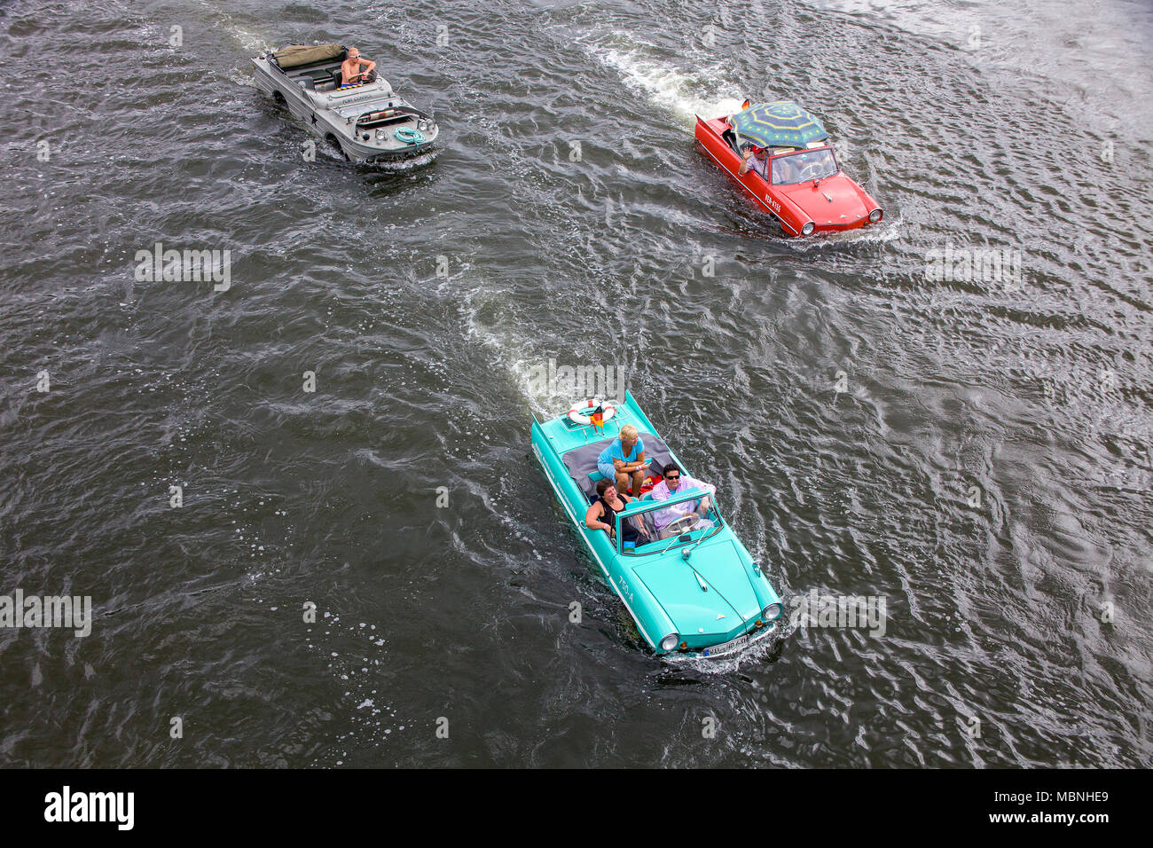 Amphibious vehicles on Moselle river at Piesport, Rhineland-Palatinate, Germany Stock Photo