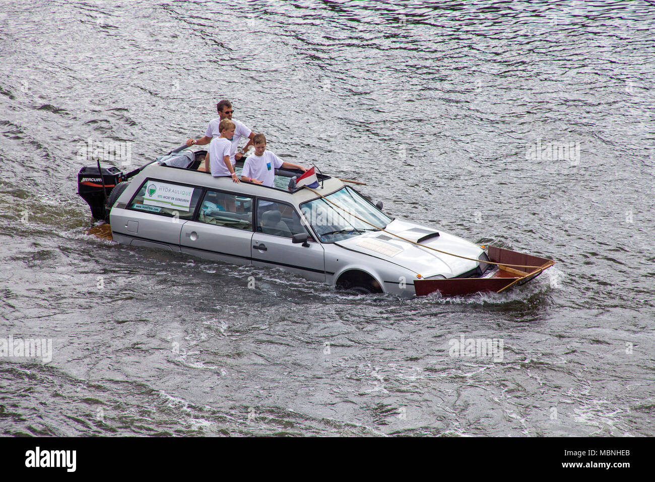 Reconstructed car, amphibian vehicle driving on Moselle river at Piesport, Rhineland-Palatinate, Germany Stock Photo