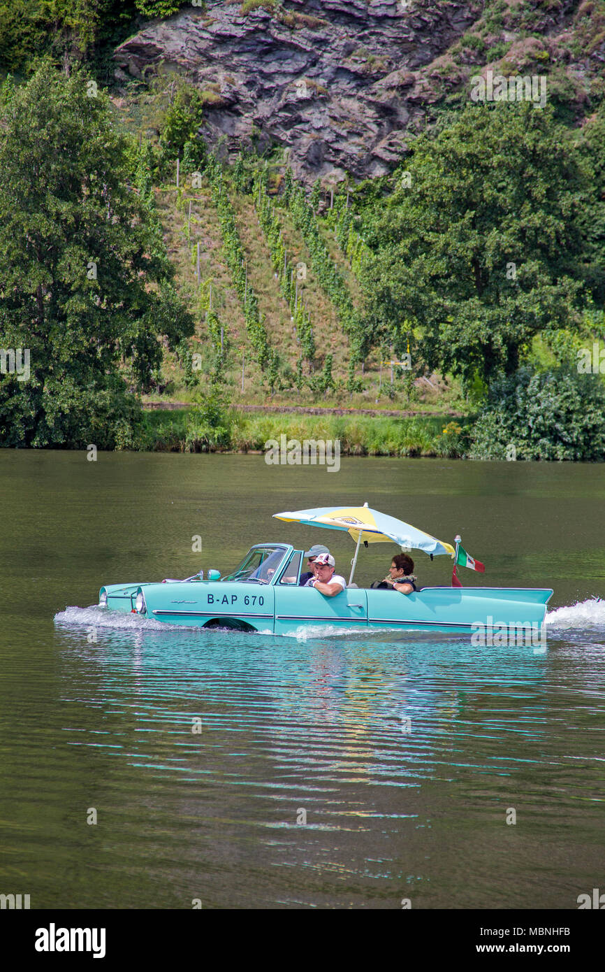 Amphic car, a german amphibious vehicle driving on Moselle river at Piesport, Rhineland-Palatinate, Germany Stock Photo