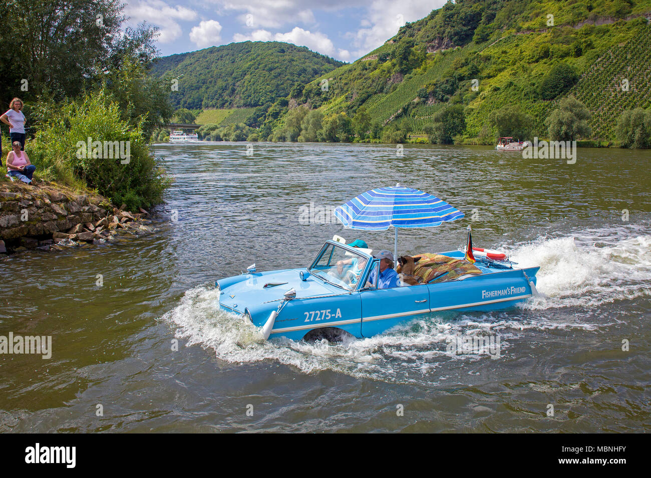 Amphic car, a german amphibious vehicle driving on Moselle river at Neumagen-Dhron, Rhineland-Palatinate, Germany Stock Photo
