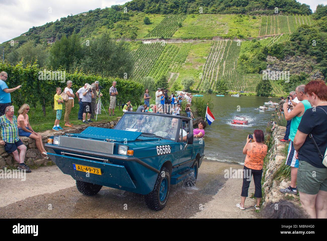 Amphibien car driving from slipway on land, Moselle river at Neumagen-Dhron, Rhineland-Palatinate, Germany Stock Photo