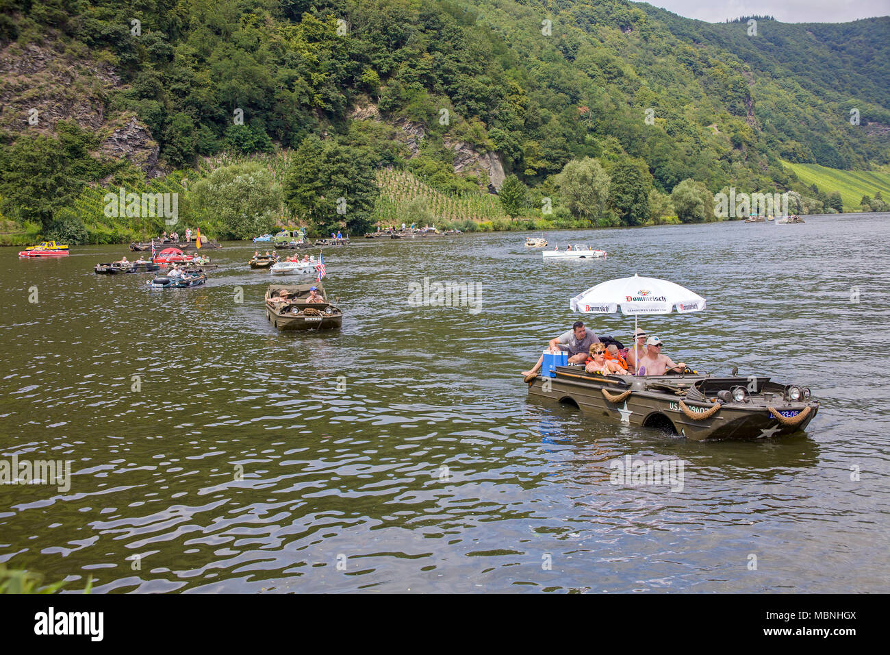 Amphibious vehicles on Moselle river at Neumagen-Dhron, Rhineland-Palatinate, Germany Stock Photo