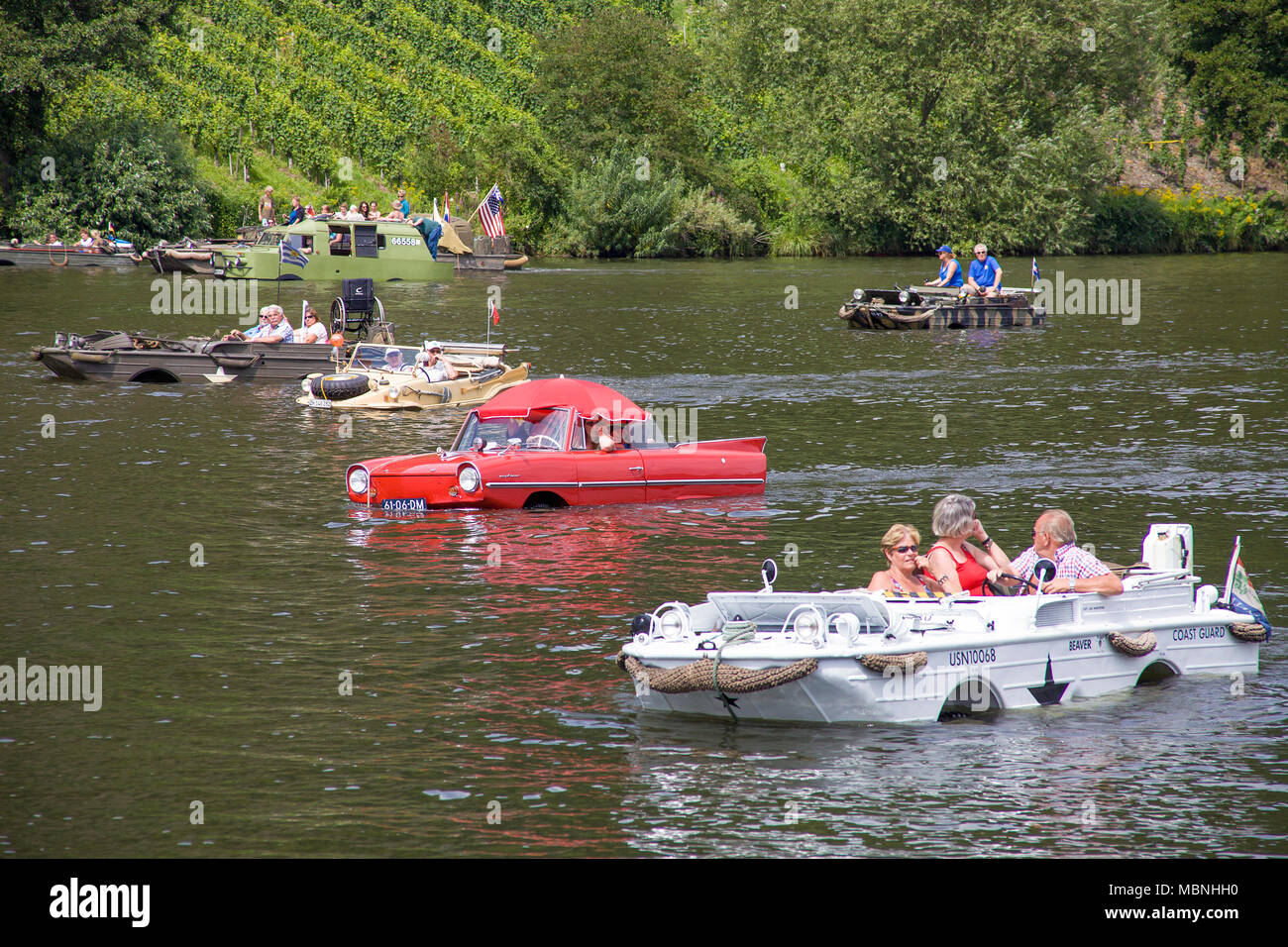 Amphibious vehicles on Moselle river at Neumagen-Dhron, Rhineland-Palatinate, Germany Stock Photo