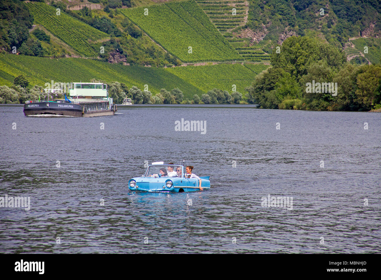 Amphic car, a german amphibious vehicle driving on Moselle river at Neumagen-Dhron, Rhineland-Palatinate, Germany Stock Photo