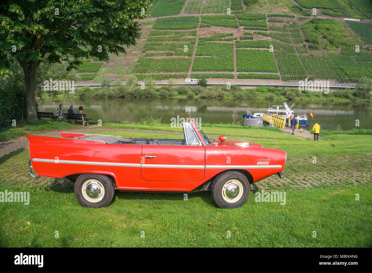 Amphic car, a german amphibious vehicle at Moselle river, Bruttig-Fankel, Rhineland-Palatinate, Germany Stock Photo