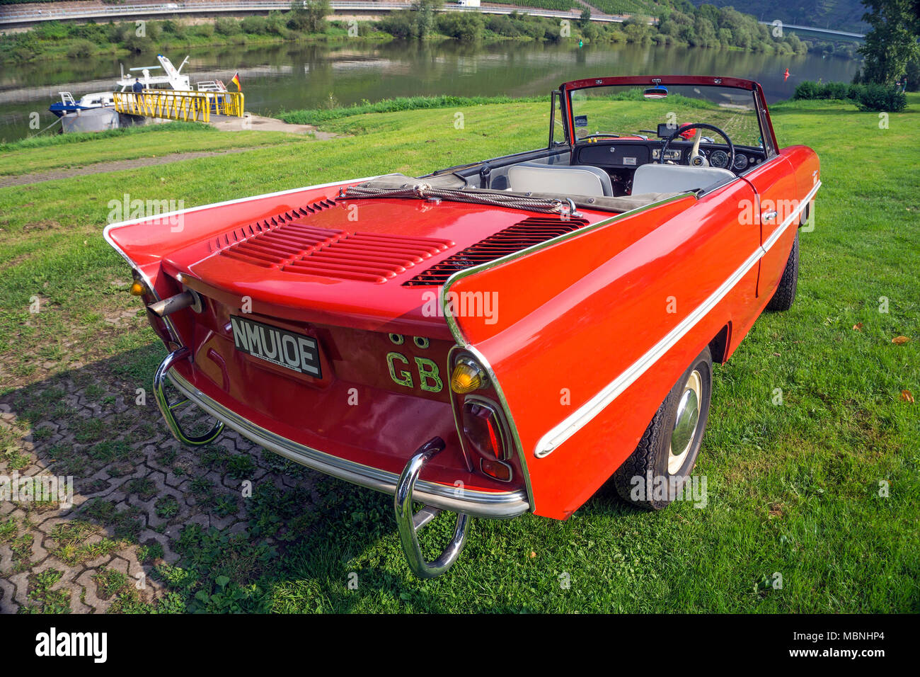 Amphic car, a german amphibious vehicle at Moselle river, Bruttig-Fankel, Rhineland-Palatinate, Germany Stock Photo