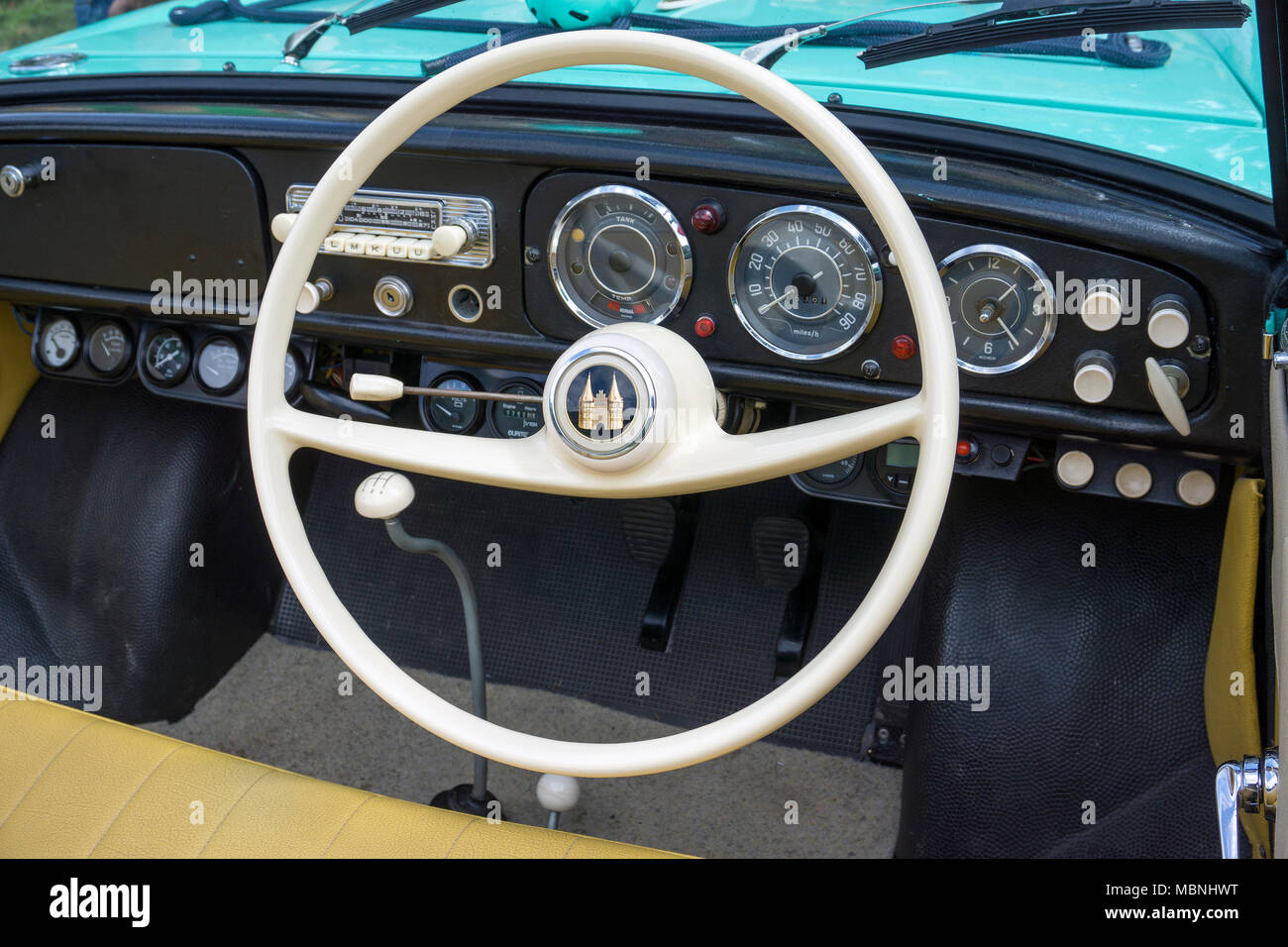 Steering wheel and car dashboard of a Amphicar, amphibious vehicle exhibition at Moselle river, Neumagen-Dhron, Rhineland-Palatinate, Germany Stock Photo