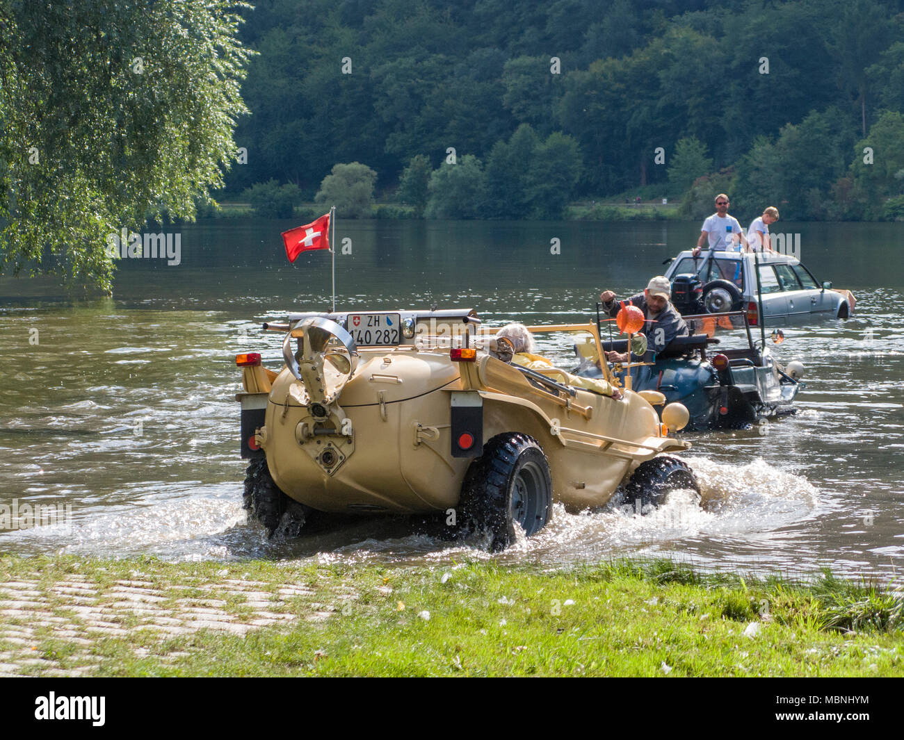 VW Typ 166, a german amphibious vehicle built at the 2nd world war driving on Moselle river, Minheim, Rhineland-Palatinate, Germany Stock Photo