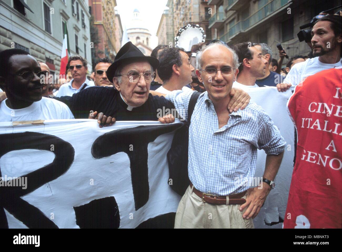 protest against the international G8 summit in Genoa (Italy), July 2001, the priest don Andrea Gallo and Vittorio Agnoletto, spokesman of Social Forum Stock Photo