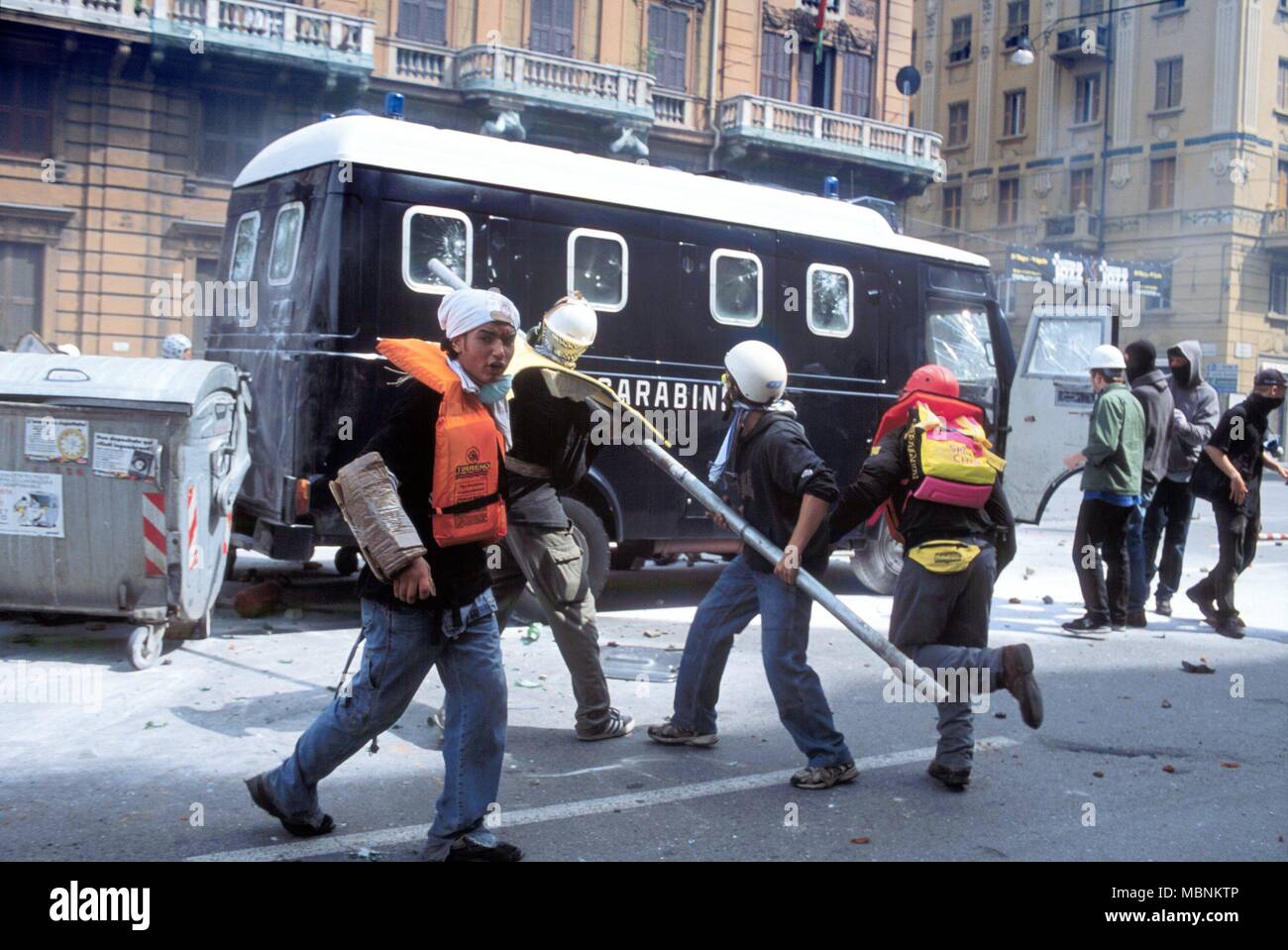 protest against the international G8 summit in Genoa (Italy), July 2001, assault on a Carabinieri van Stock Photo