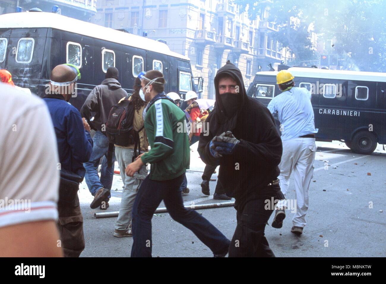 protest against the international G8 summit in Genoa (Italy), July 2001, assault on a Carabinieri van Stock Photo