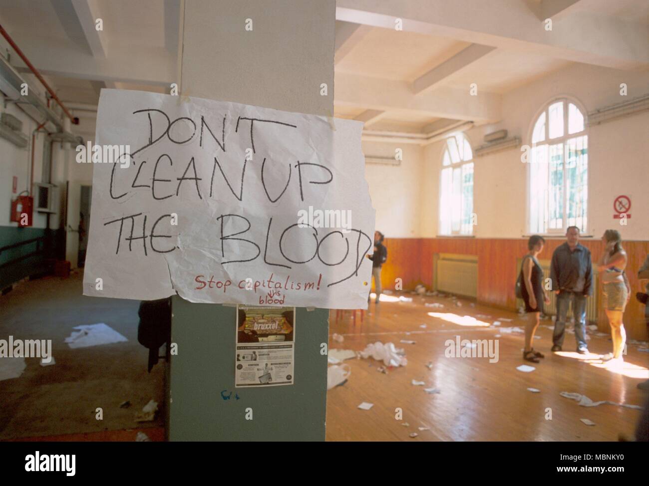 protest against the international G8 summit in Genoa (Italy), July 2001, the Diaz school, headquarters of the Social Forum, after the bloody police raid Stock Photo