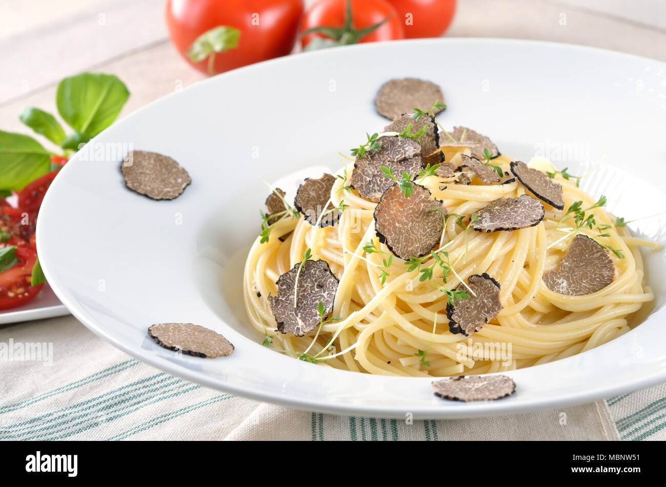 Pasta with fresh Italian truffles Stock Photo