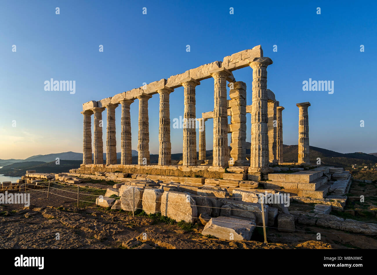 Sounion, Attica / Greece. Temple of Poseidon at Cape Sounion. One of the Twelve Olympian Gods in ancient Greek religion and myth Stock Photo