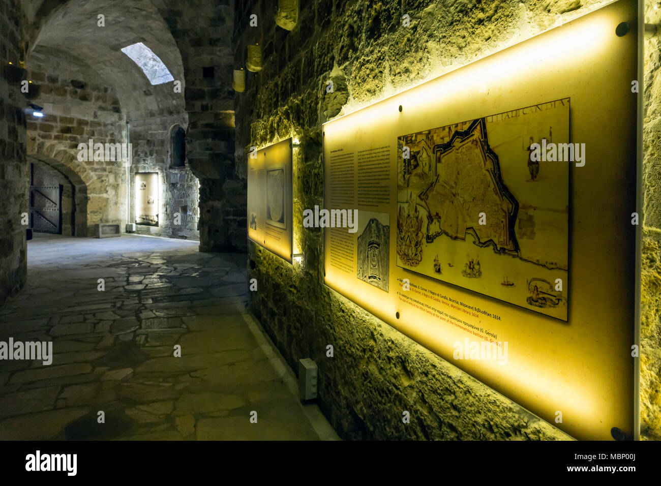 Heraklion, Crete Island / Greece. Interior view of the fortress Koules. In the light inscription we see a map of Candia (Marcian library) Stock Photo