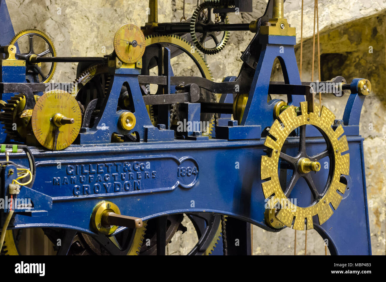 Close up of the Ashford St Mary's church tower clock mechanism Stock