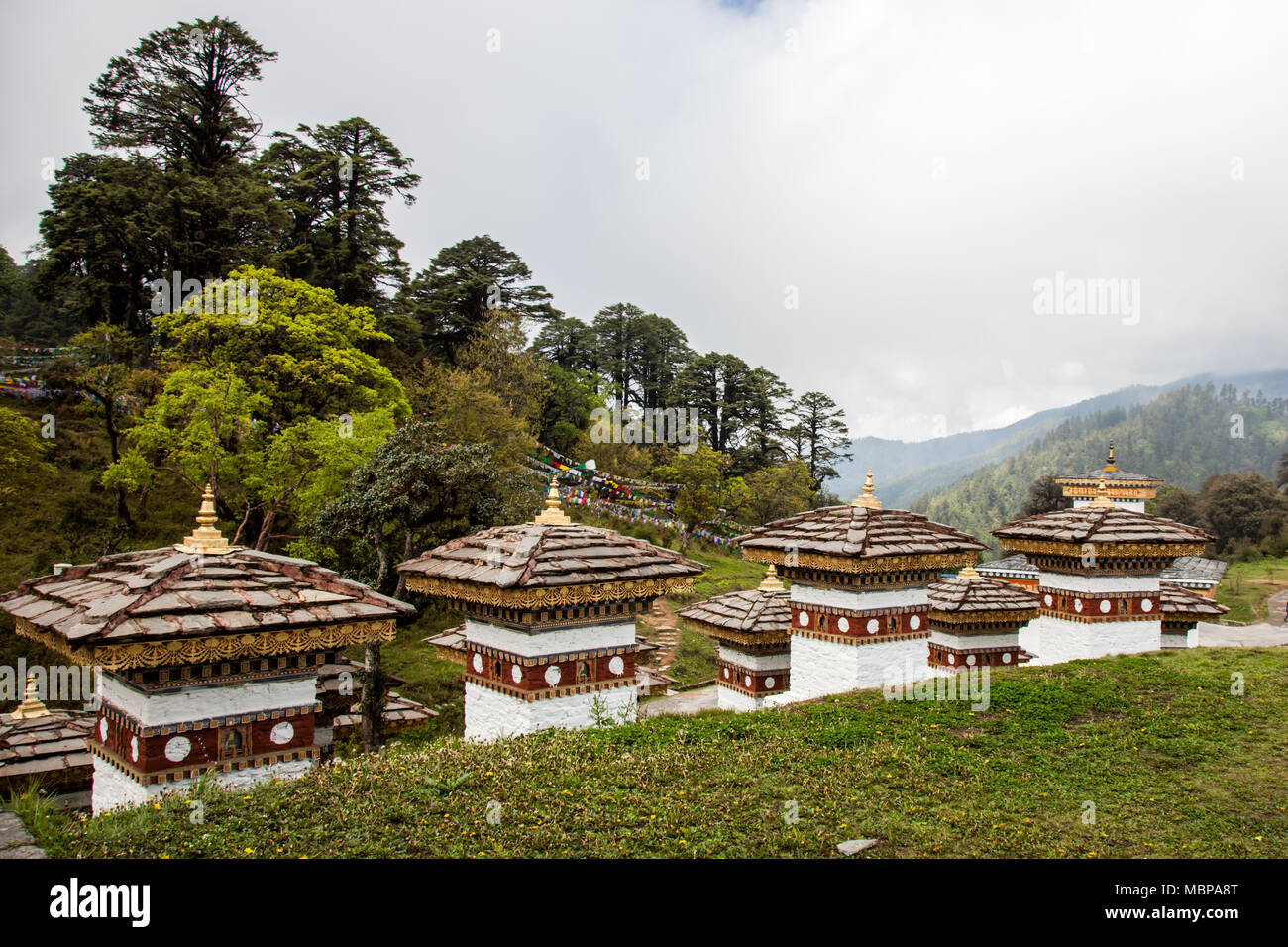 108 Stupas from Dochu La near Thimphu from road trip to Bhutan in Himalayas. Stock Photo