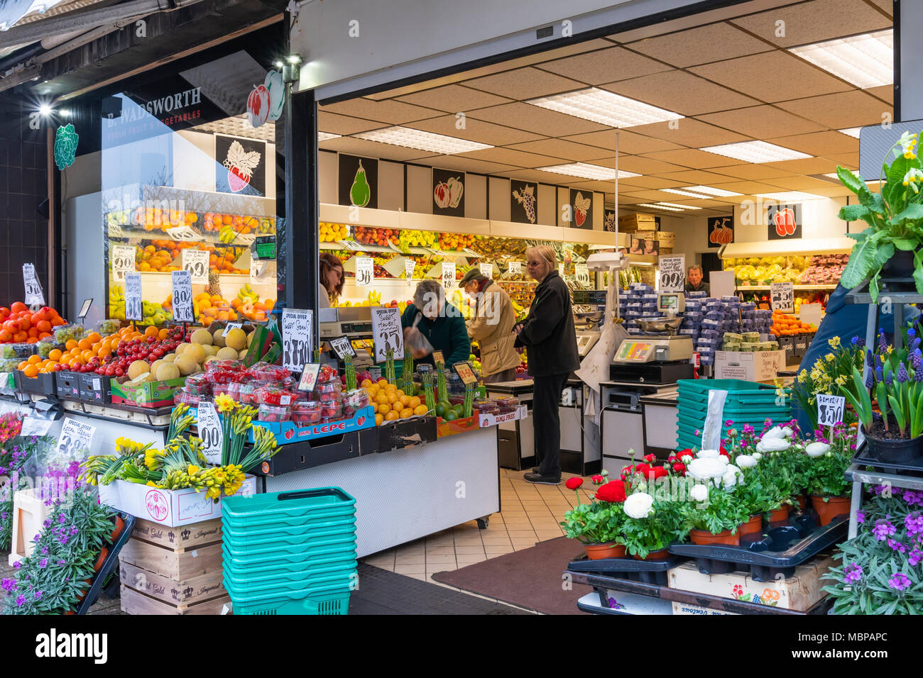 Fruiterer and Greengrocer shop in England, UK. Stock Photo