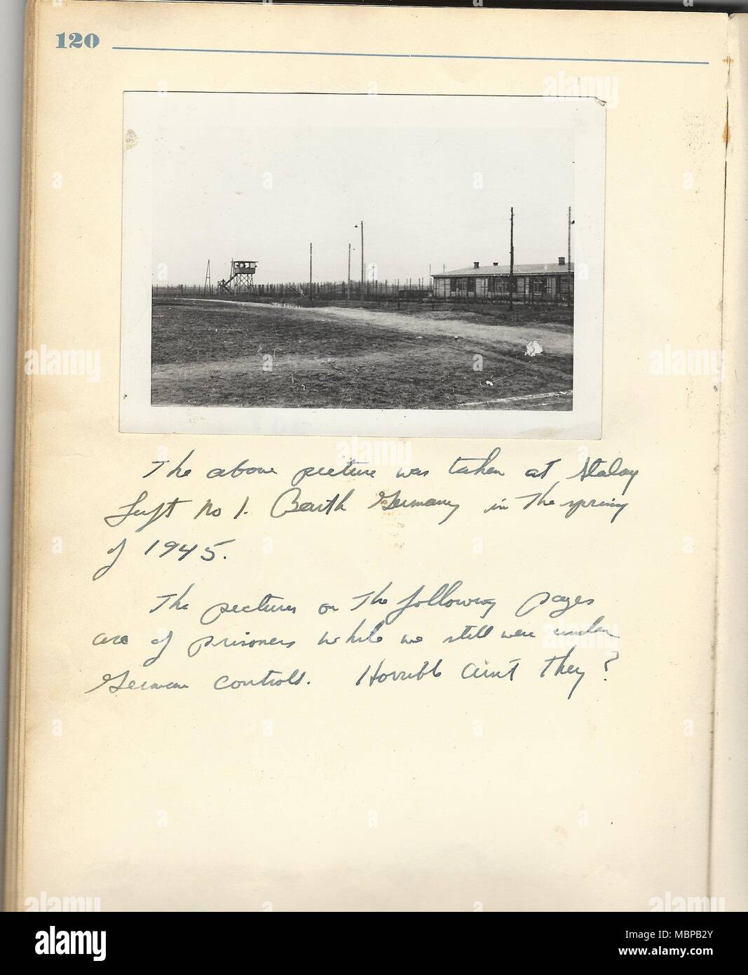 A photo of Stalag Luft 1, Barth, Germany, where 1st. Lt. Bill Moore, a fighter pilot assigned to the 339th Fighter Group, was held for nine months from September, 1944, to May 1945. Moore was able to convince prison camp guards to allow him a camera and writing utensils in order to document his time as a prisoner of war. (Photo courtesy of Linda Moore) Stock Photo