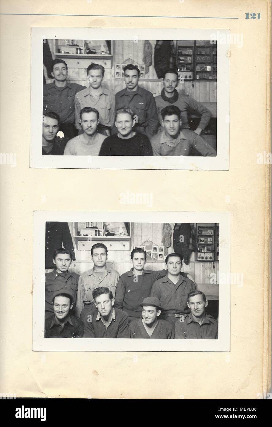 Photos of 1st Lt. Bill Moore, a fighter pilot assigned to the 339th Fighter Group, Fowlmere, England, and other prisoners of war from Stalag Luft 1, Barth, Germany. Moore was shot down over Germany on Sept. 13, 1944, and held as a POW until the war in Europe ended and the camp was liberated by the Russians in May, 1945. (Photo courtesy of Linda Moore) Stock Photo