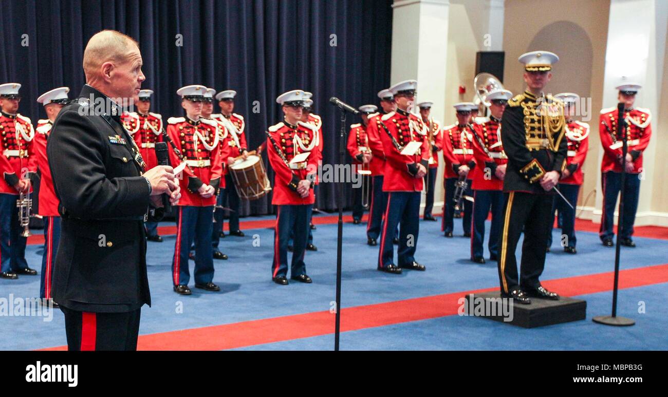 Commandant of the Marine Corps Gen. Robert B. Neller speaks to guests during the 2018 Surprise Serenade at Marine Barracks Washington, Washington, D.C., Jan. 1, 2018. The Surprise Serenade is a tradition that dates back to the mid-1800’s in which the U.S. Marine Band performs music for the Commandant of the Marine Corps at his home on New Years Day. (U.S. Marine Corps photo by Sgt. Olivia G. Ortiz) Stock Photo