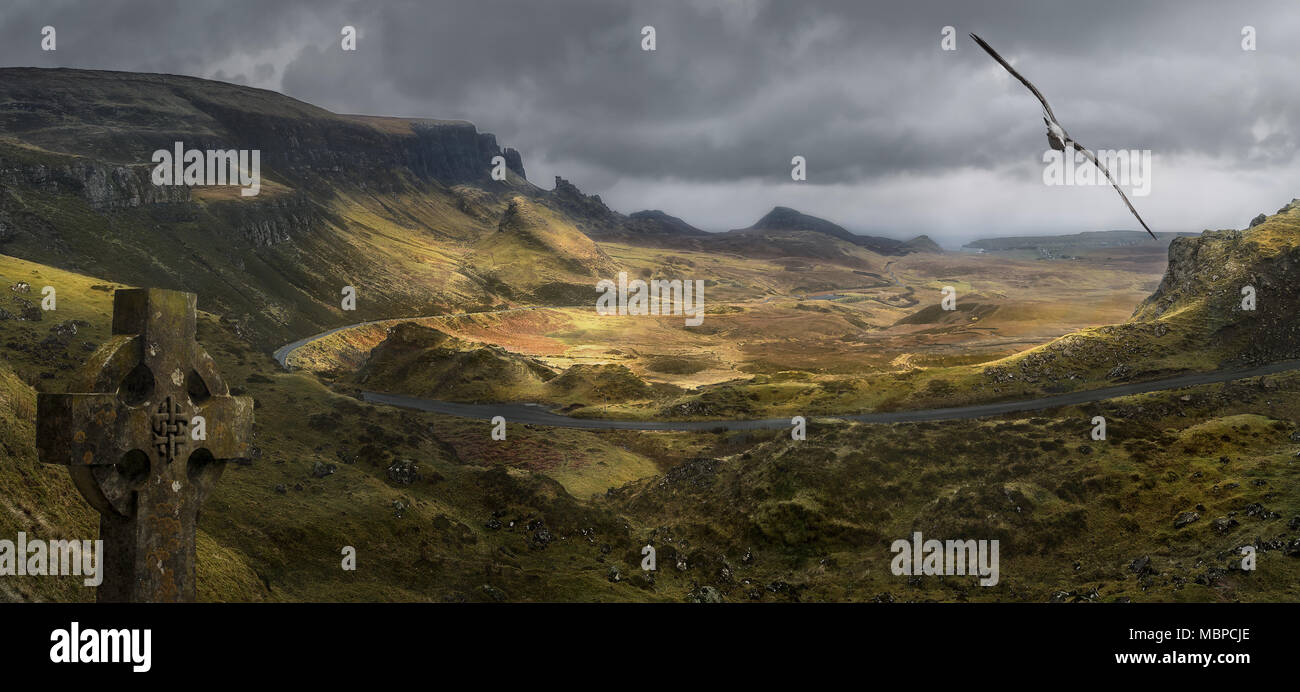 View of the valley of the Isle of Skye from a mountaintop Quiraing. Stock Photo