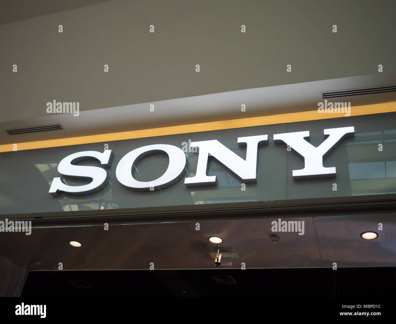 DUBAI,UAE - DECEMBER, 2017: Close up of Sony logo name Stock Photo