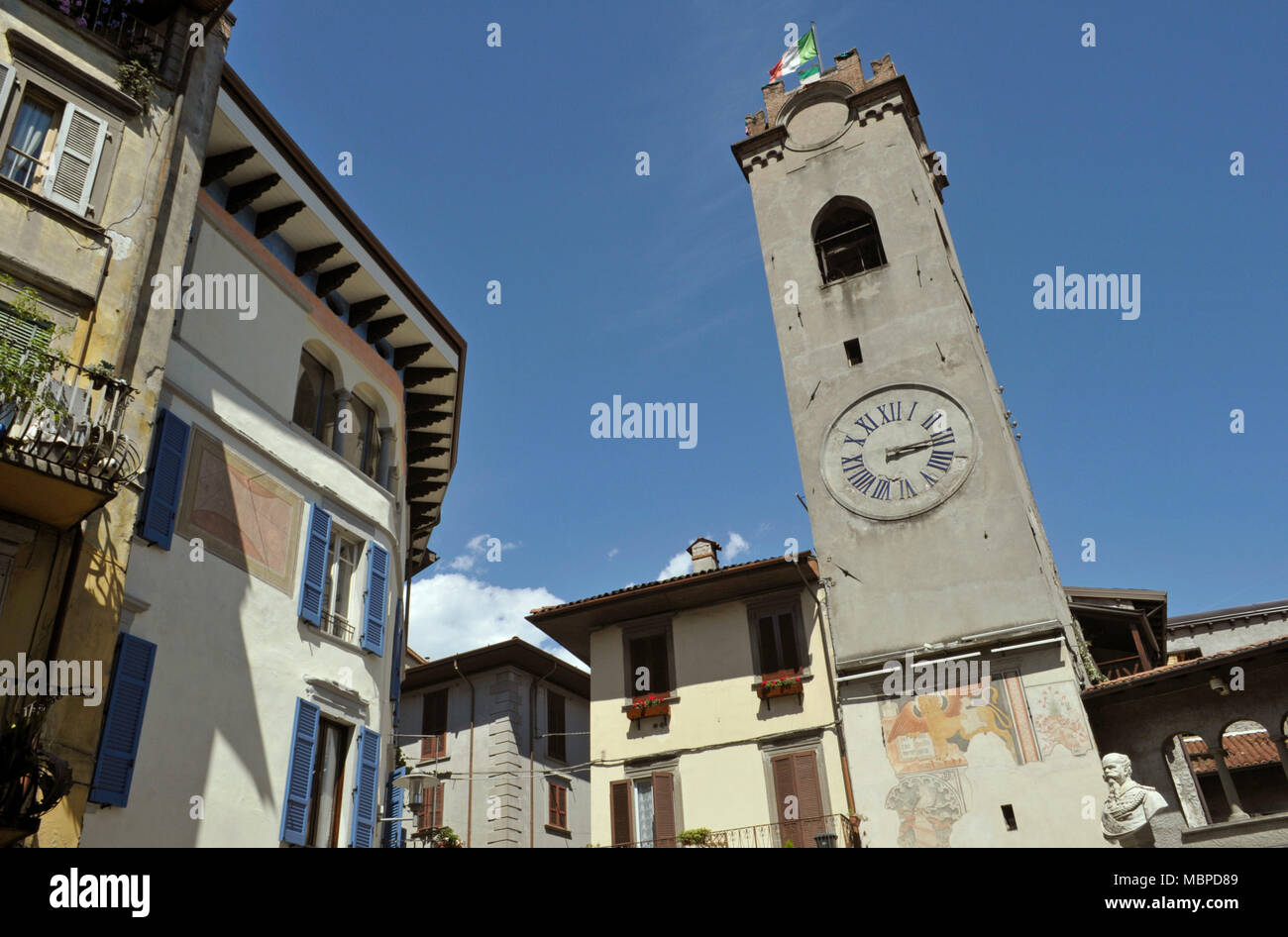 Torre Civica, clock tower in Lovere, lake Iseo, Lombardy, Italy Stock Photo