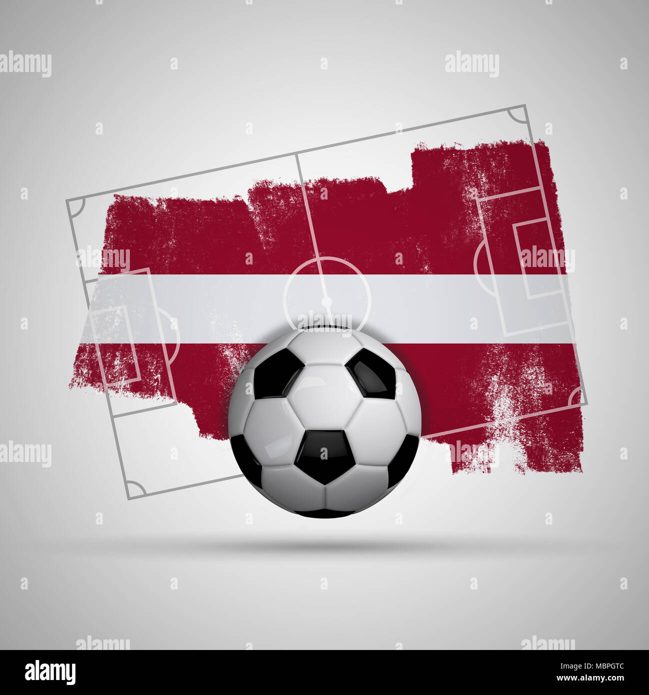 Latvia flag soccer background with grunge flag, football pitch and
