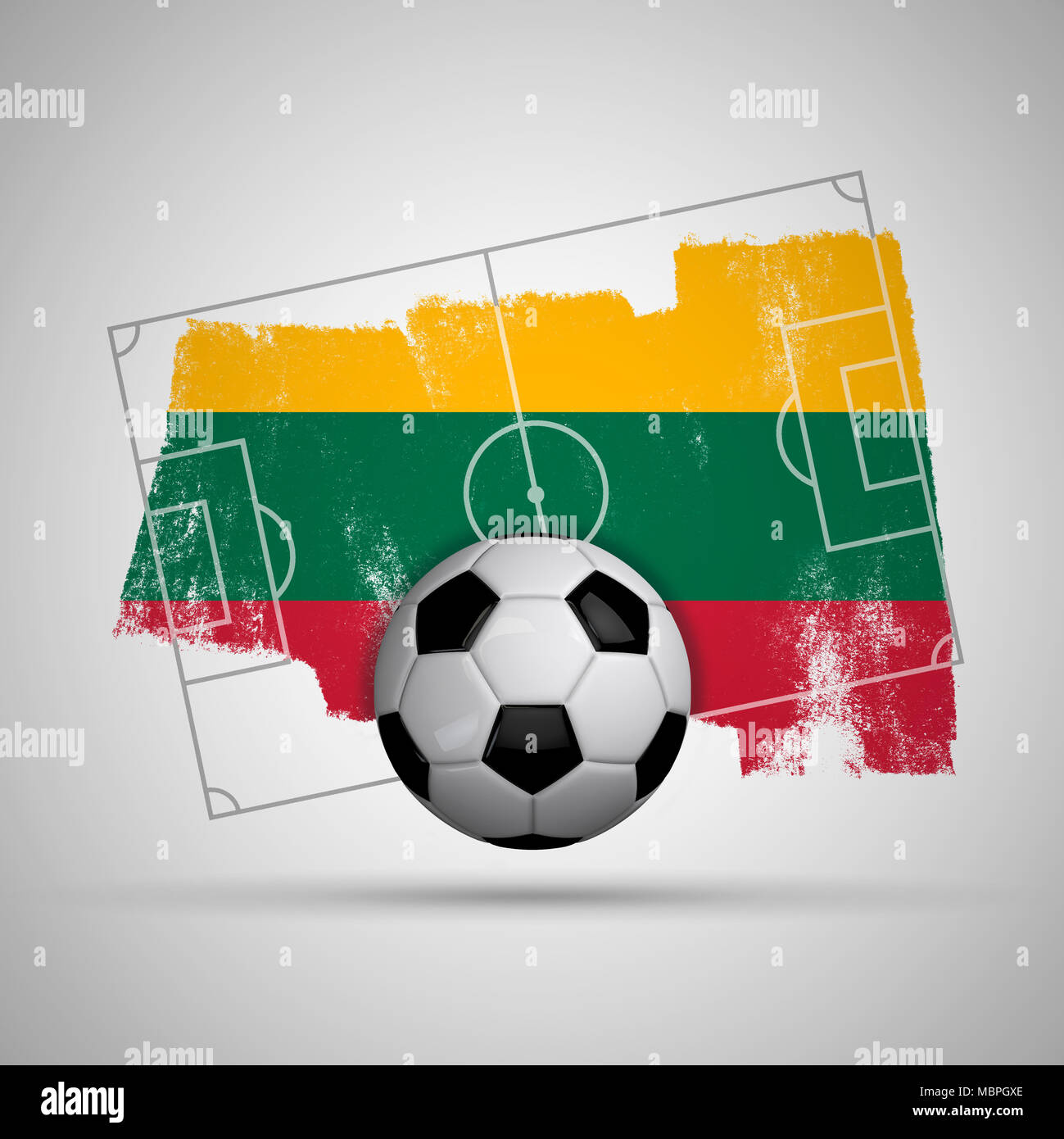 Lithuania flag soccer background with grunge flag, football pitch and