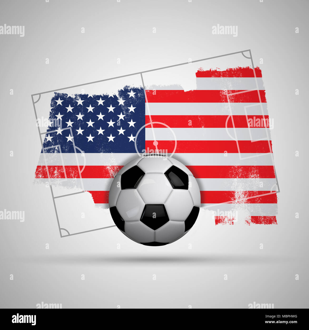 USA flag soccer background with grunge flag, football pitch and soccer
