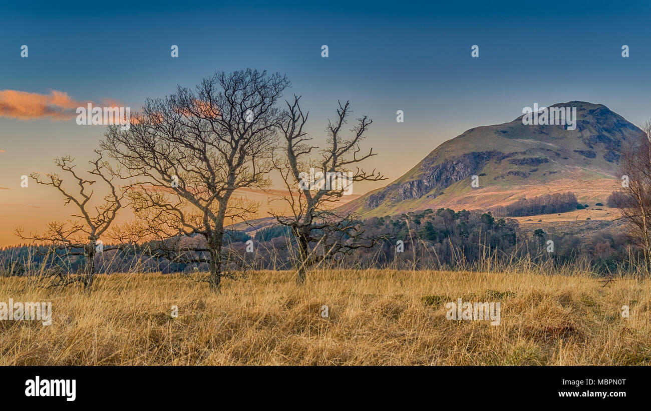 The sun sets near Dumgoyne in the Campsie Fells, near Strathblane, on the West Highland Way, Scotland. Stock Photo
