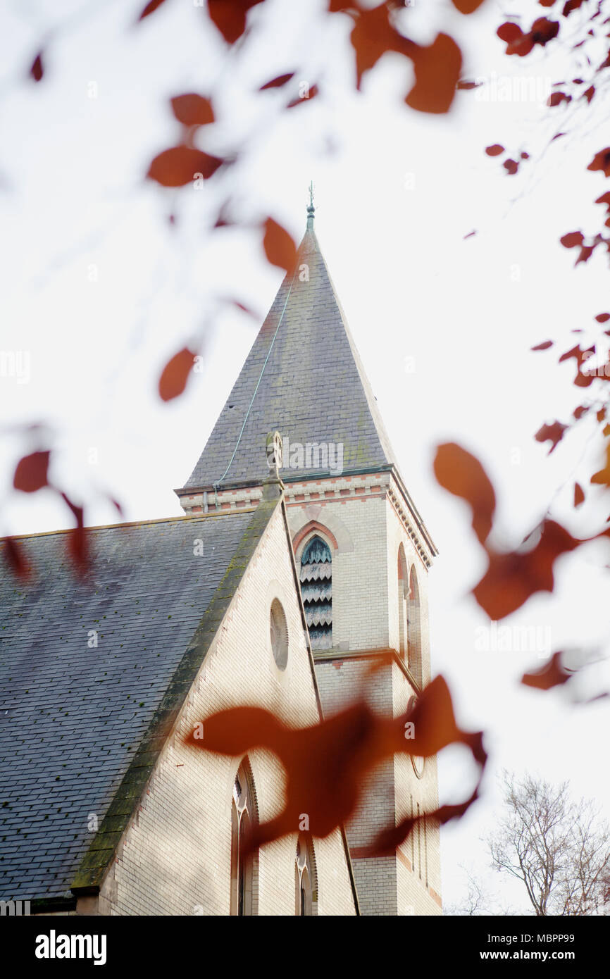 Seen through autumn leaves, the former St Luke's chapel, built 1879 to serve the Three Counties Asylum, now earmarked for residential development Stock Photo