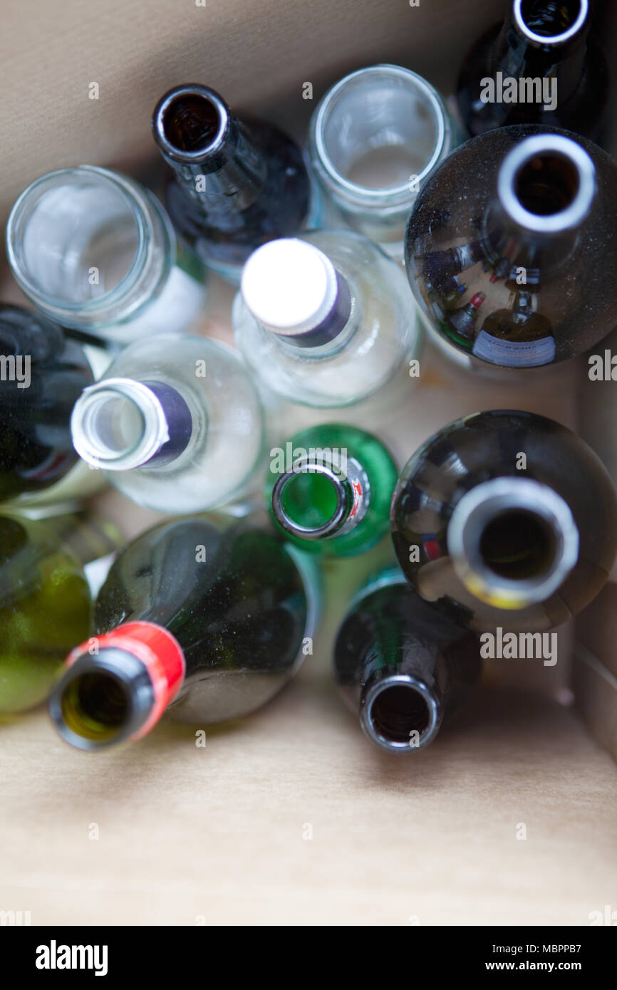 Glass bottles and jars boxed up ready for recycling Stock Photo Alamy
