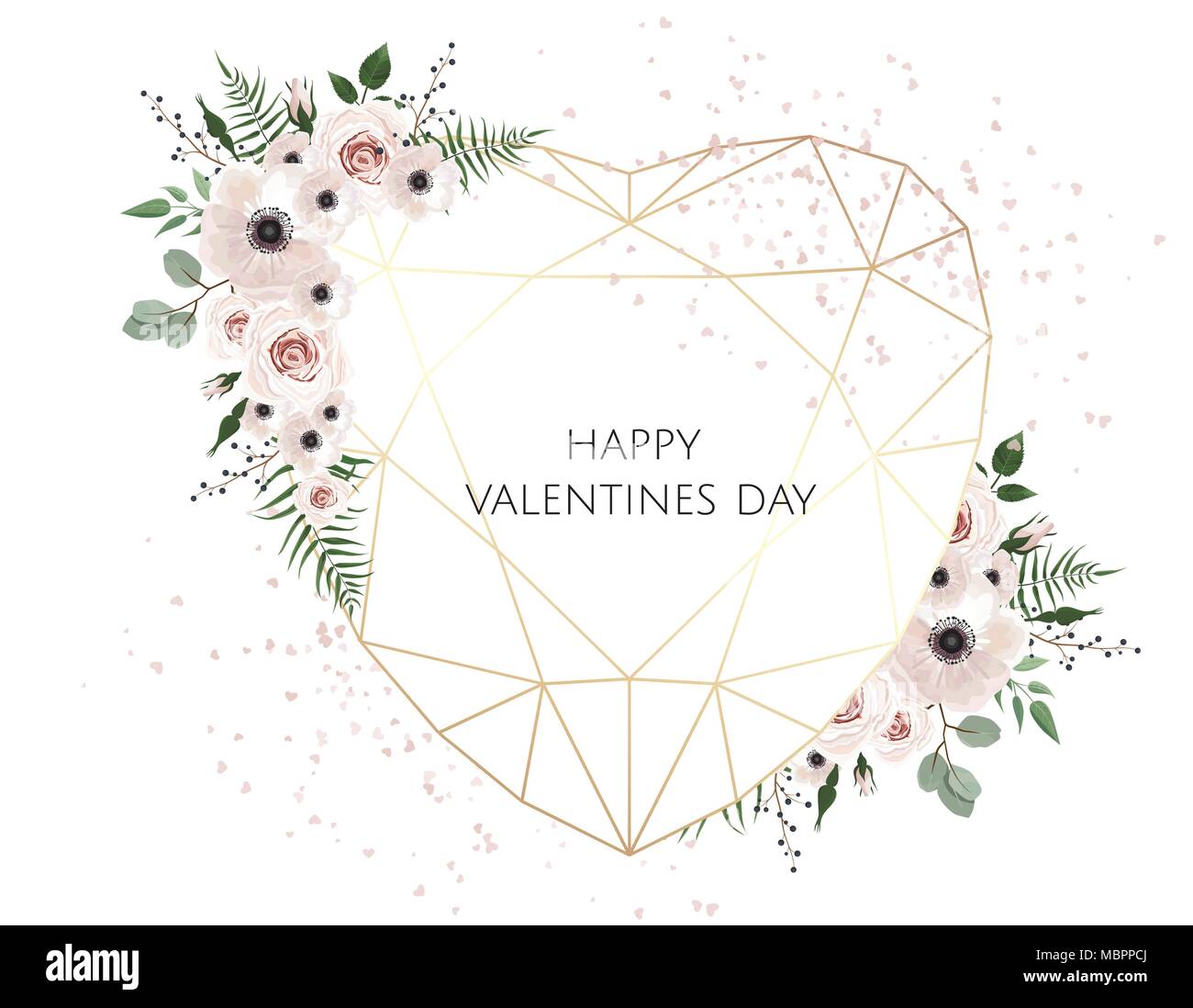 Valentines card on white background with trending polygonal heart and spring flowers. Stock Vector