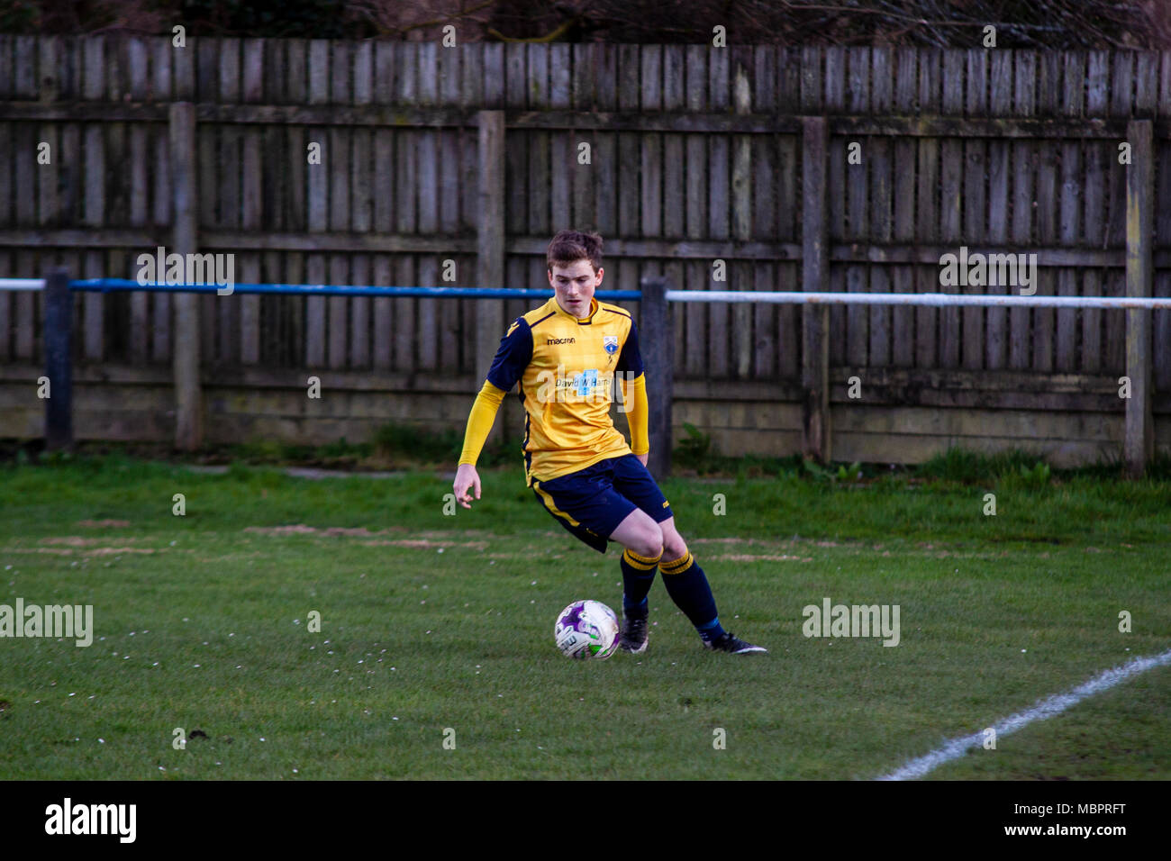 Port Talbot Town right midfielder Patrick Finneral controls the ball. Cwmamman United 2-2 Port Talbot Town. Stock Photo