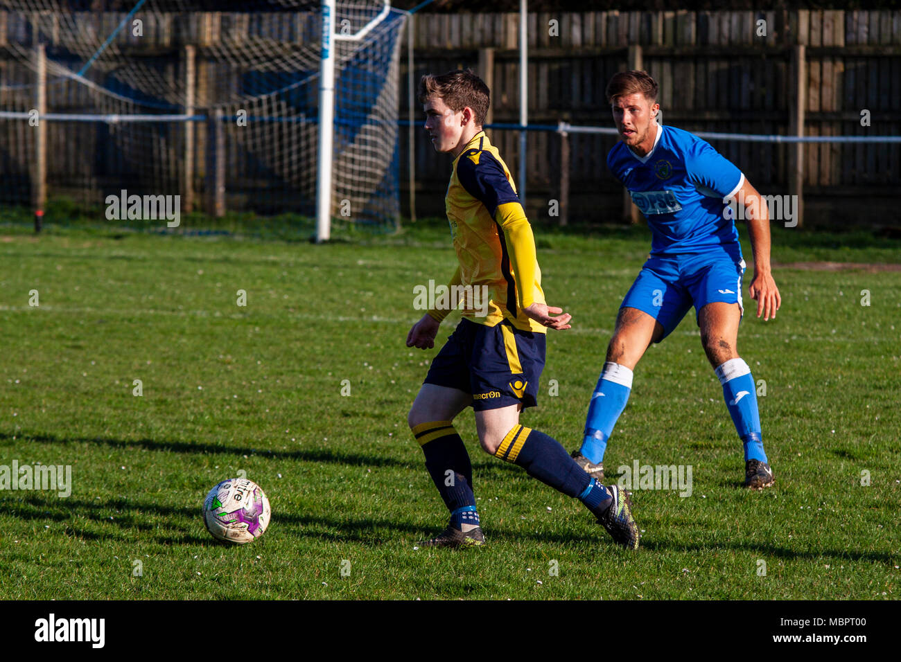 Port Talbot Town right midfielder Patrick Finneral controls the ball. Cwmamman United 2-2 Port Talbot Town. Stock Photo