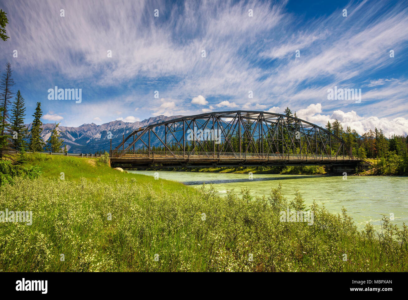 Bridge over the Athabasca River in Jasper National Park, Canada Stock Photo