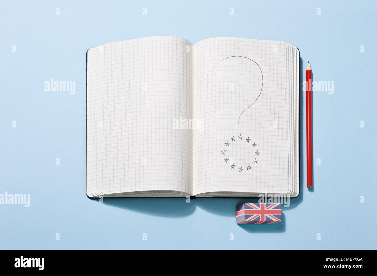 Brexit, a notebook with a question mark drawn on a page Stock Photo